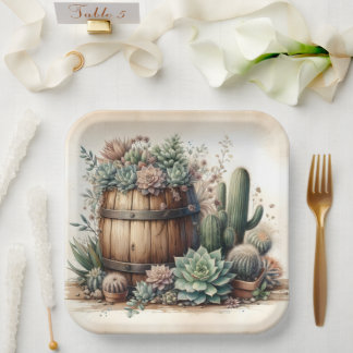 Rustic Arrangement Of Succulents & Cacti Paper Plates