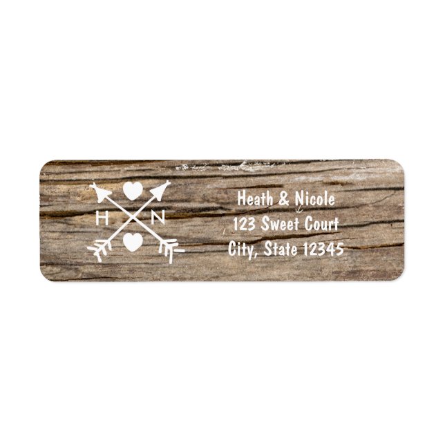 Rustic Arrows & Hearts Wood Wedding Address Labels (Front)
