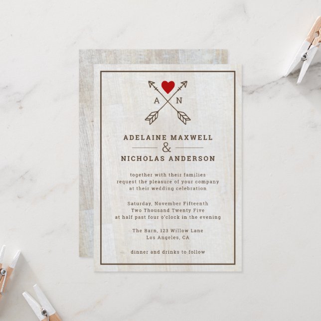 Rustic Arrows Red Heart Wedding Invitation (Front/Back In Situ)