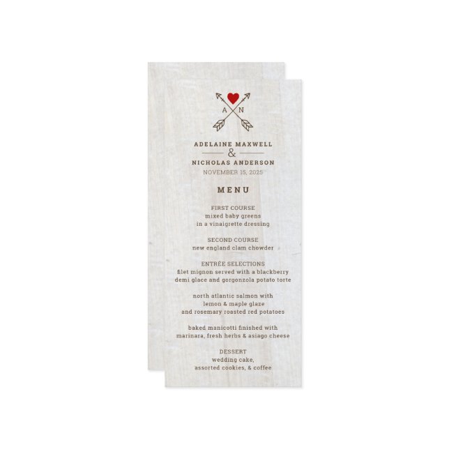 Rustic Arrows Red Heart Wedding Menu (Front/Back In Situ)