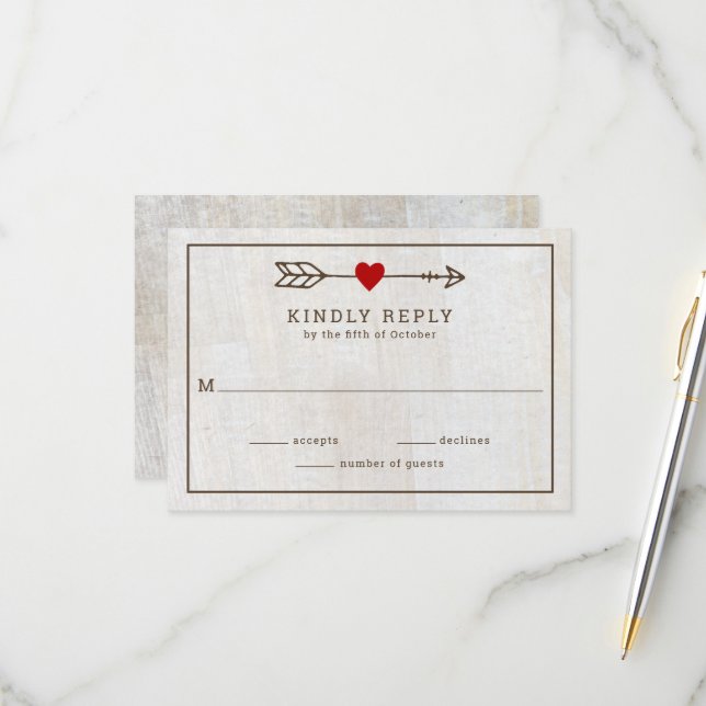 Rustic Arrows Red Heart Wedding RSVP Card (Front/Back In Situ)