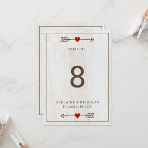 Rustic Arrows Red Heart Wedding Table Number Card
