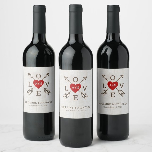 Rustic Arrows Red Heart Wedding Wine Label (Bottles)