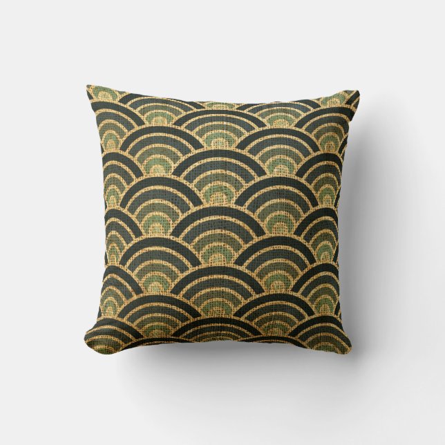 Rustic Art Deco Fish Scales Pattern Blue Throw Pillow (Front)