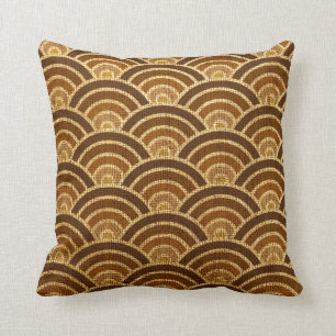 Rustic Art Deco Fish Scales Pattern Brown Throw Pillow
