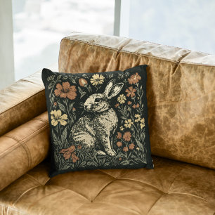 Rustic Art Nouveau Esthetic Floral Rabbit  Throw Pillow
