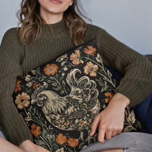 Rustic Art Nouveau Farmhouse Chicken Floral Accent Throw Pillow