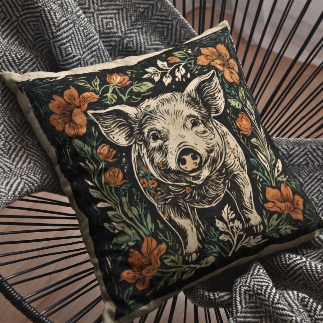 Rustic Art Nouveau Farmhouse Pig Floral Accent  Throw Pillow (Creator Uploaded)
