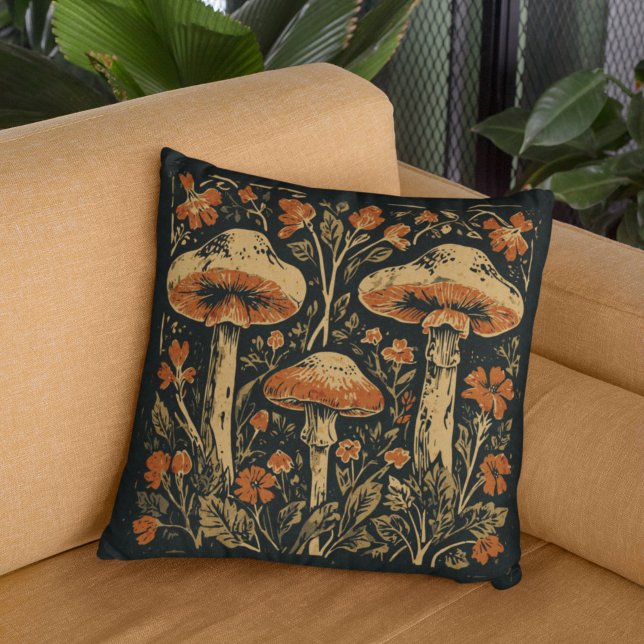 Rustic Art Nouveau Mushroom Floral Botanical  Throw Pillow (Creator Uploaded)