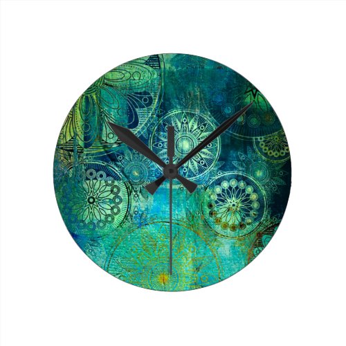 rustic,art nouveau,shabby,chic,green,gold,elegant, round wall clock