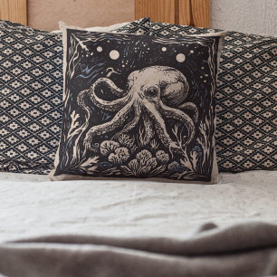 Rustic Art Nouveau Violet Octopus Underwater Throw Pillow