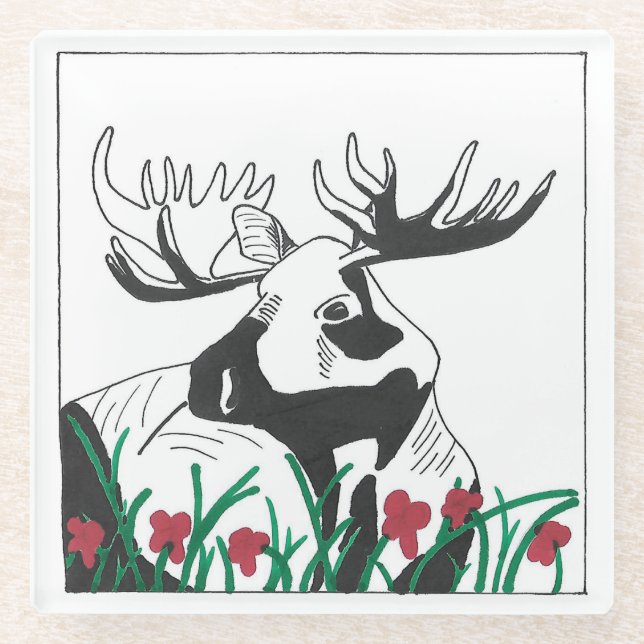 Rustic Artistic Wildflowers Moose Glass Coaster (Front)