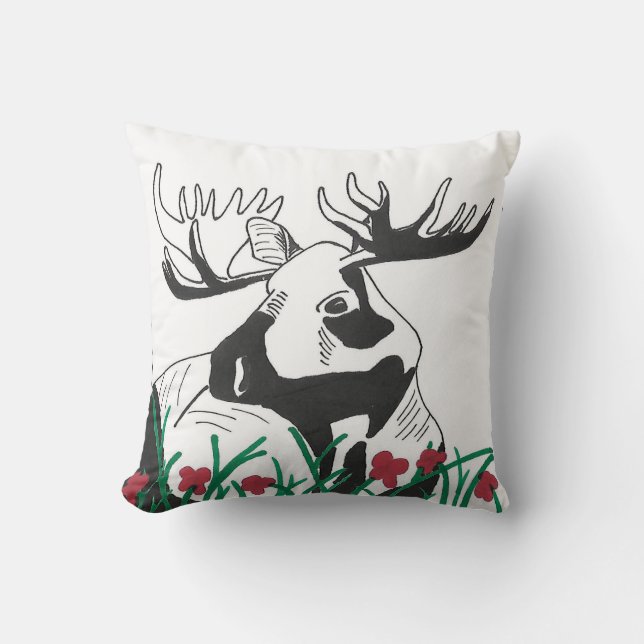 Rustic Artistic Wildflowers Moose Throw Pillow (Front)