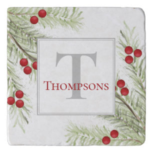 Rustic Artistic Winter Holiday Greenery Monogram Trivet