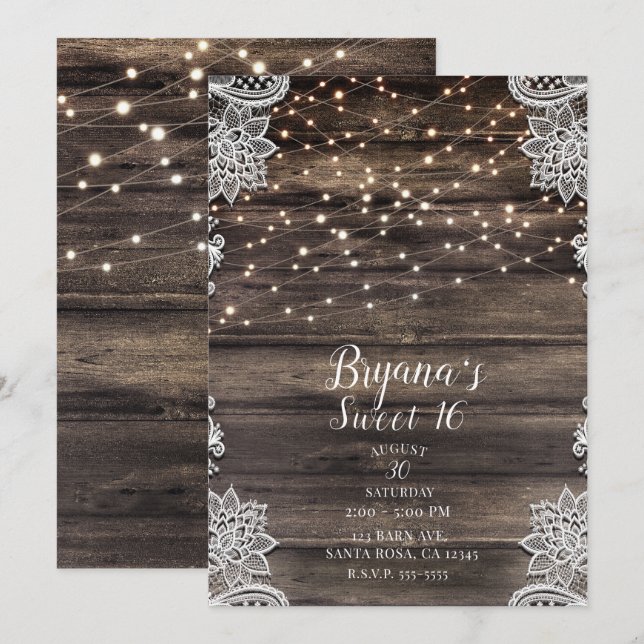 Rustic Ash Brown Wood Lace Lights Sweet 16 Party Invitation (Front/Back)