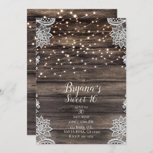 Rustic Ash Brown Wood Lace Lights Sweet 16 Party Invitation