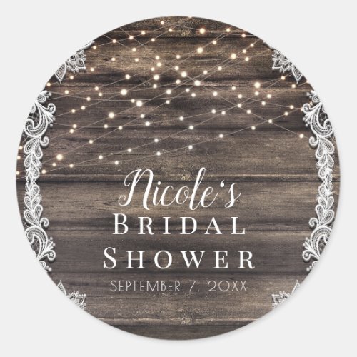 Rustic Ash Brown Wood Lace  Lights Wedding Bridal Classic Round Sticker