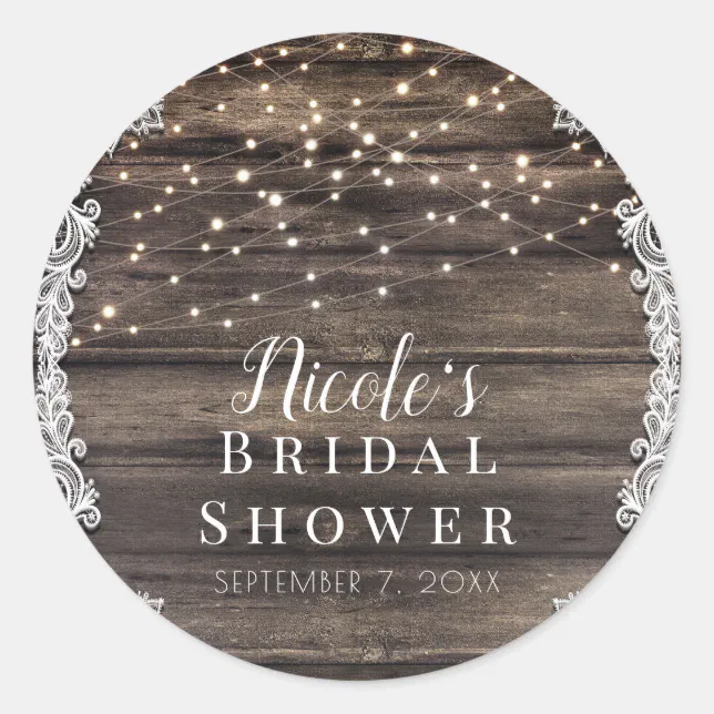 Rustic Ash Brown Wood Lace & Lights Wedding Bridal Classic Round ...
