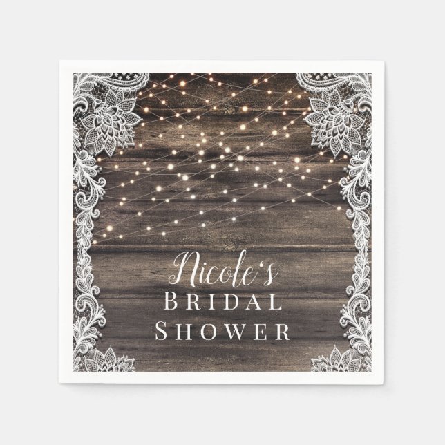 Rustic Ash Brown Wood Lace & Lights Wedding Bridal Napkins (Front)