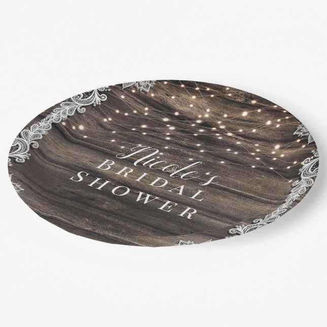 Rustic Ash Brown Wood Lace & Lights Wedding Bridal Paper Plates (Angled)