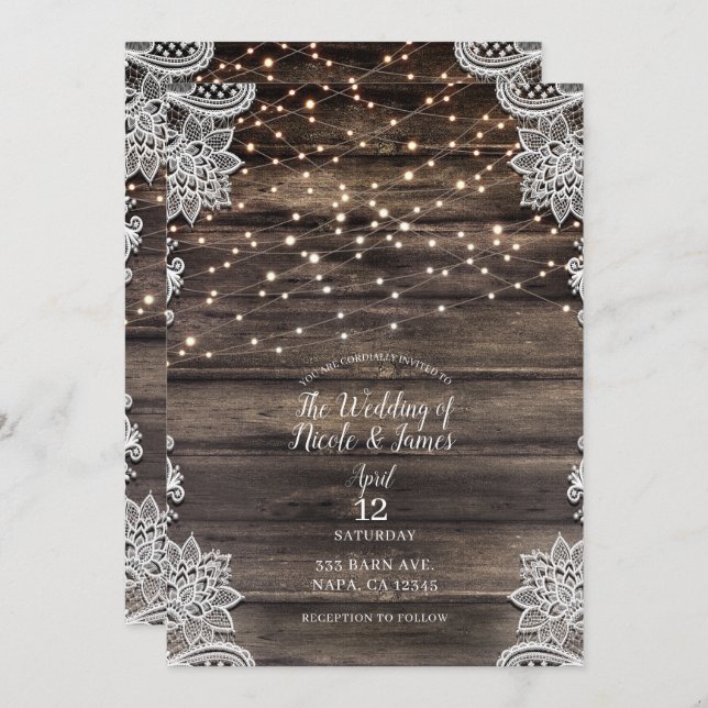 Rustic Ash Brown Wood Lace String Lights Wedding Invitation (Front/Back)