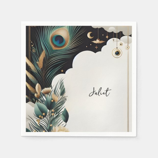 Rustic Asian Sky Cloud Peacock Bridal Shower Napkins (Front)
