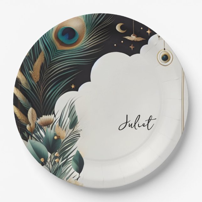 Rustic Asian Sky Cloud Peacock Bridal Shower Paper Plates (Front)