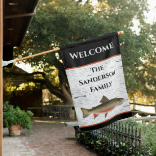 Rustic Aspen Bark Trout fisherman Lake House  Flag