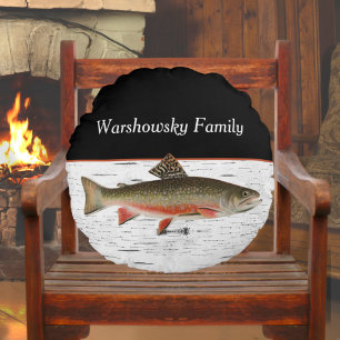Rustic Aspen Bark Trout Fisherman Lake House Round Pillow