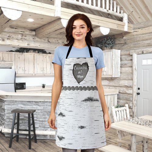 Rustic Aspen Bark Wood Carved Heart 1 Mom Name    Apron