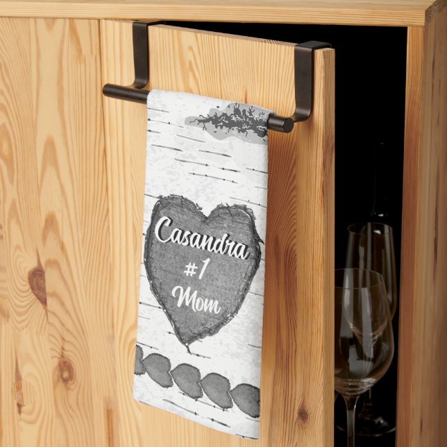 Rustic Aspen Bark Wood Carved Heart #1 Mom Name  Kitchen Towel (Thirds Fold)
