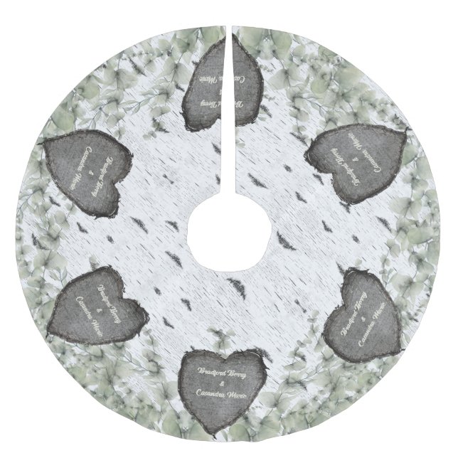 Rustic Aspen Bark Wood Carved Hearts couples names Brushed Polyester Tree Skirt (Front)