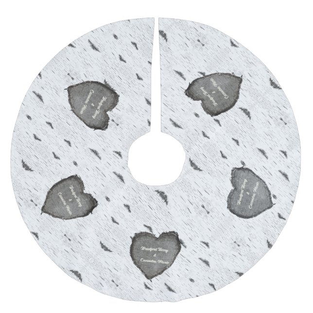 Rustic Aspen Bark Wood Carved Hearts couples names Brushed Polyester Tree Skirt (Front)