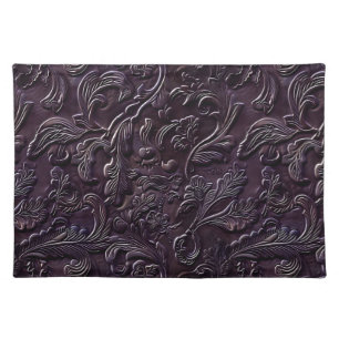 Rustic aubergine tooled leather floral cloth placemat