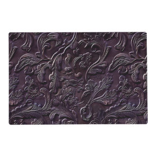 Rustic aubergine tooled leather floral placemat
