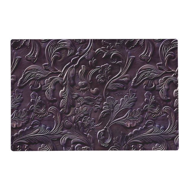 Rustic aubergine tooled leather floral placemat (Front)