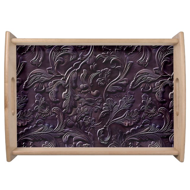 Rustic aubergine tooled leather floral serving tray (Front)