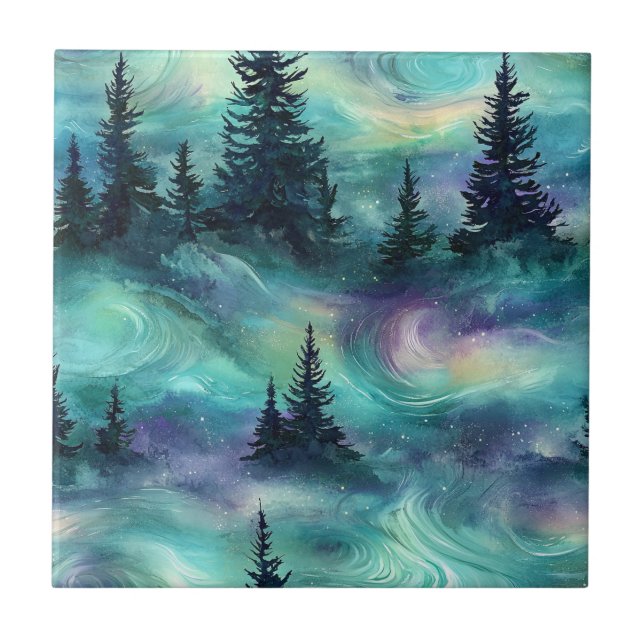 Rustic Aurora Forest Pattern Ceramic Tile (Front)