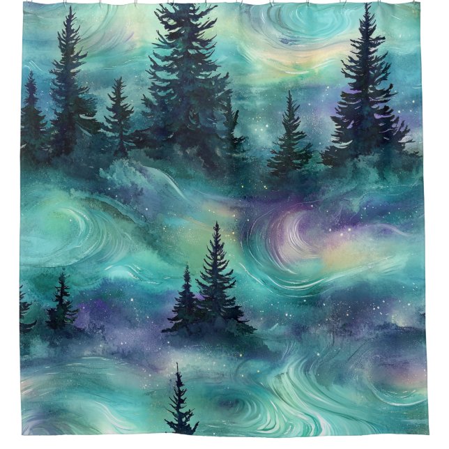 Rustic Aurora Forest Pattern Shower Curtain (Front)