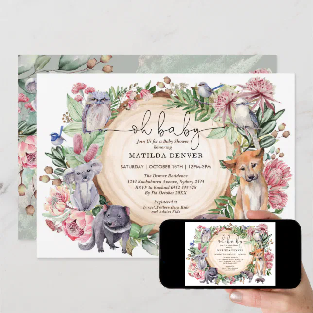 Rustic Australia Native Animals Floral Baby Shower Invitation Zazzle