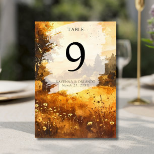 Rustic Autumn Barn Meadow Watercolor Wedding Table Number