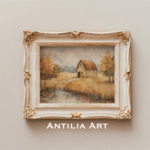Rustic Autumn Barn Painting Vintage Pond Landscape