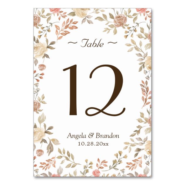 Rustic Autumn Beige Brown Floral Wedding Table Number