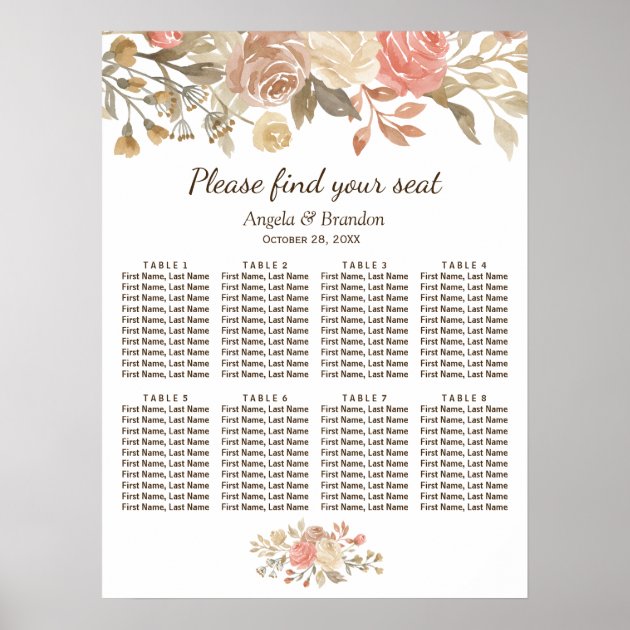 Rustic Autumn Beige Floral Wedding Seating Chart