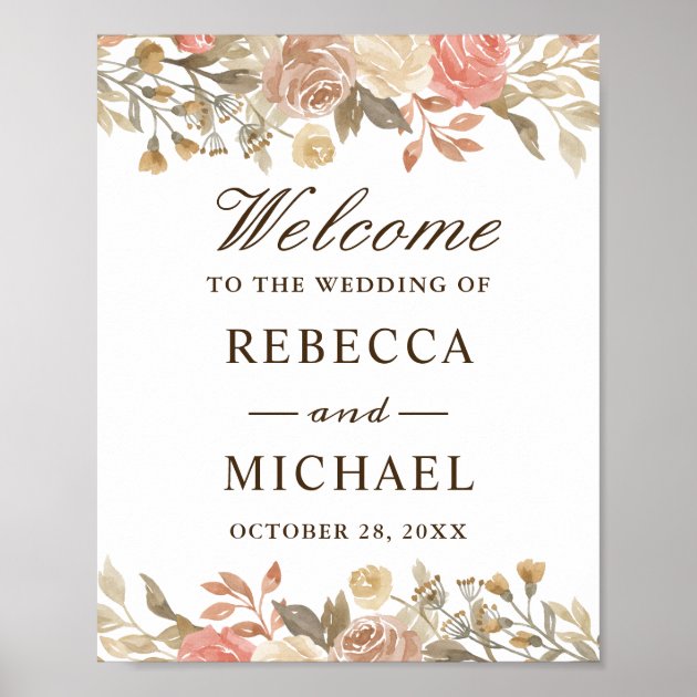 Rustic Autumn Beige Floral Wedding Welcome Sign