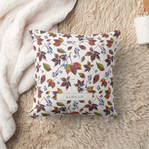 Rustic Autumn Berry Leaves Watercolor Botanical Throw Pillow