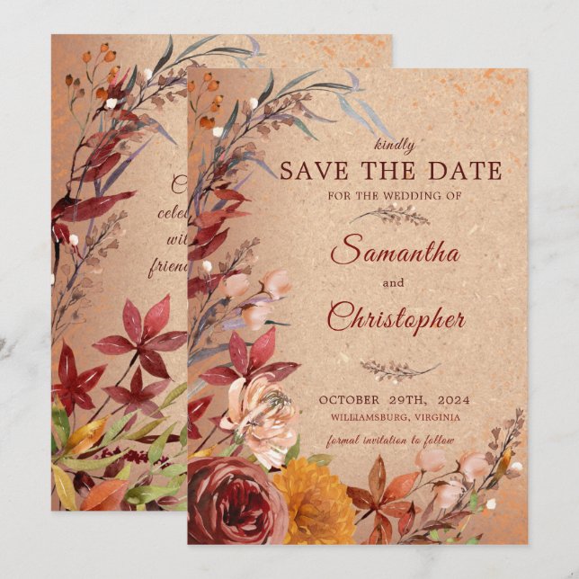 Rustic Autumn Bloom Burgundy Amber Floral  Save The Date (Front/Back)