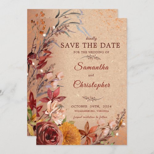 Rustic Autumn Bloom Burgundy Amber Floral  Save The Date