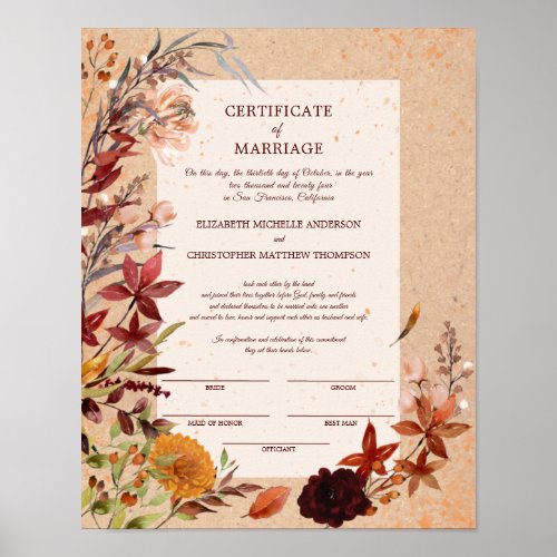 Rustic Autumn Bloom Floral Certificate of Marriage Poster
