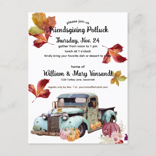 Rustic Autumn Blue Truck Friendsgiving Potluck Postcard